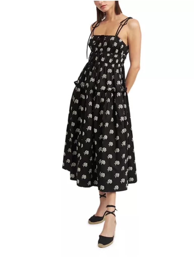 En Saison Black Floral Smocked Midi Dress With Tie Straps